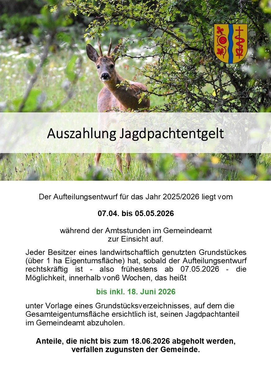 A deer is standing in a field. The document below states that the hunting fee payment is available from April 7, 2026, to May 5, 2026.