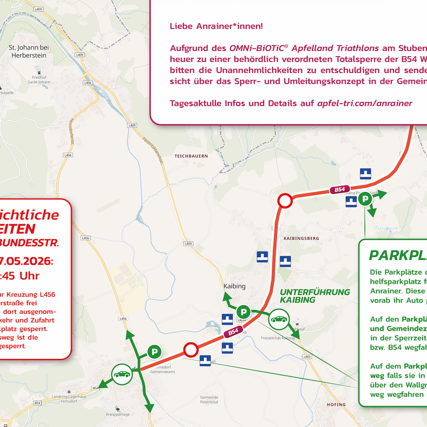 A map shows a route with parking lots for OMNI-BIOTIC Apfellaland Triathlon. Participants park at designated spots during the Sperr- and Umleitungskonzept. The event is scheduled for 7.05.2026 at 4:45 PM.
