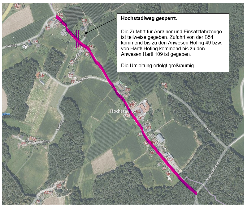 A map shows a blocked high-speed rail track. Access for railway employees and emergency vehicles is partially allowed. Access from B54 is possible until the Hofing junction 49, or from Hartl/Hofing junction 109. The bypass is large-scale.
