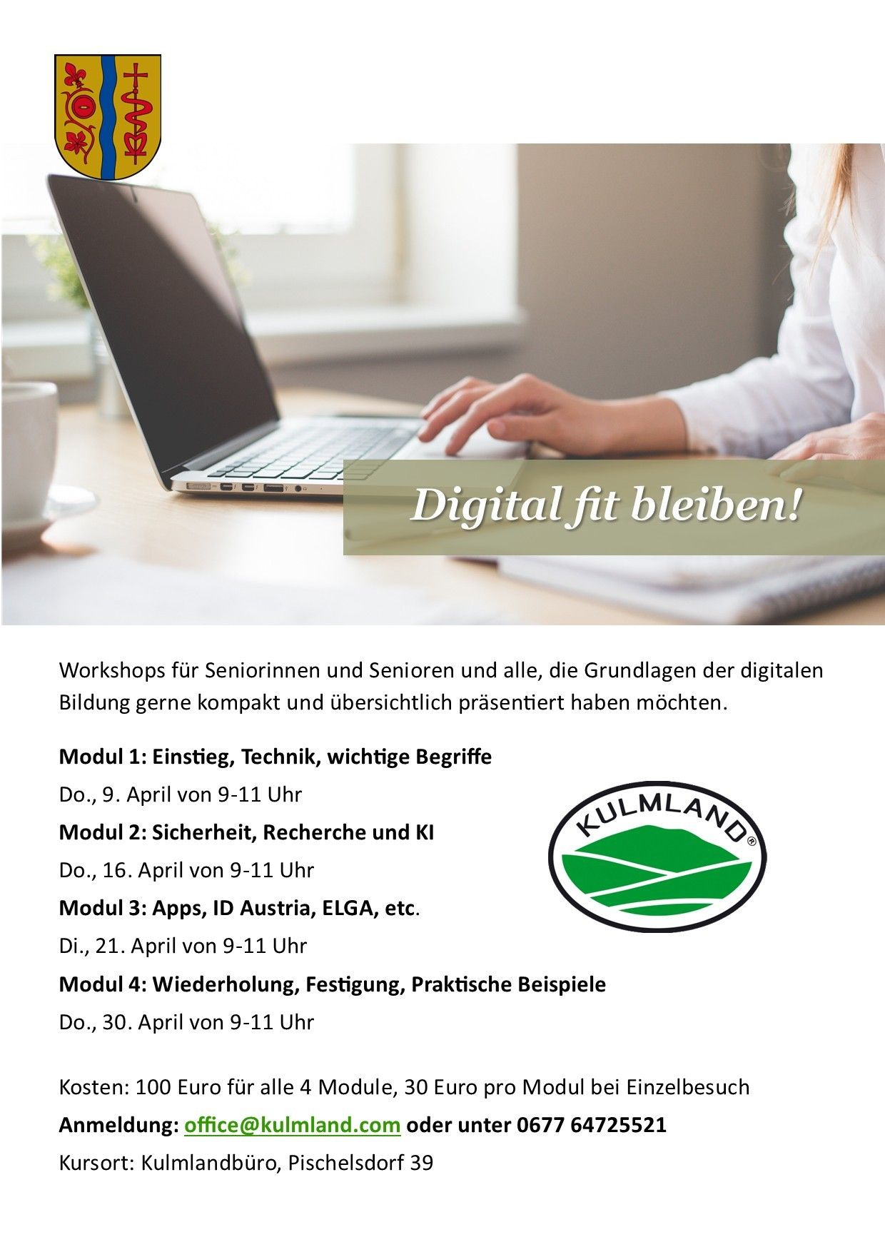 A woman is using a laptop on a desk with a cup, a plant, and a book. Below, a digital fit bleiben advertisement with workshops for seniors. The workshop schedule includes topics like entry, technology, and important terms.