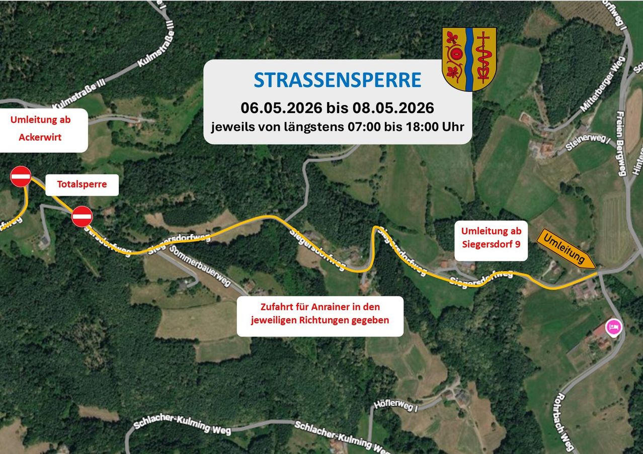 A map shows a road closure from May 6, 2026, to May 8, 2026, with traffic for cyclists allowed. The closure is from 7:00 AM to 6:00 PM daily. A detour route is marked.