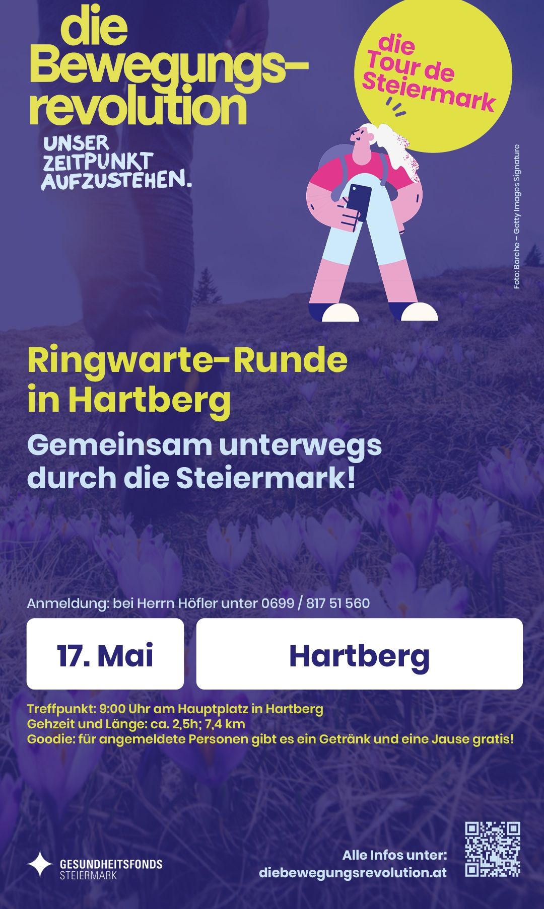 Plakat für eine Ringwanderung in Hartberg, Steiermark. Anmeldung bei Herrn Hofler. Treffzeit 9 Uhr am Hauptplatz in Hartberg. Dauer 2,5 Std., Distanz 7,4 km.
