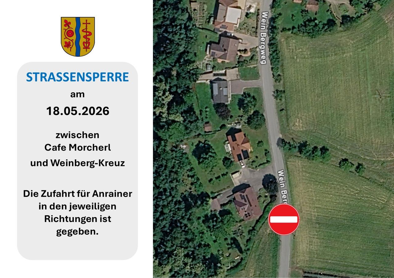 Karte zeigt einen Dorfstandort mit einem Verbotsschild. Das Datum 3. Mai 2026 ist angezeigt, mit der Ankündigung einer Straßensperrung zwischen bestimmten Orten.