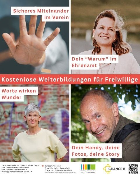 A collage of three images with captions. The first shows a hand with text 'Sicheres Miteinander im Verein'. The second shows a smiling woman with 'Dein Warum im Ehrenamt'. The third shows a smiling man with 'Dein Handy, deine Fotos, deine Story'. All images promote free training for volunteers.