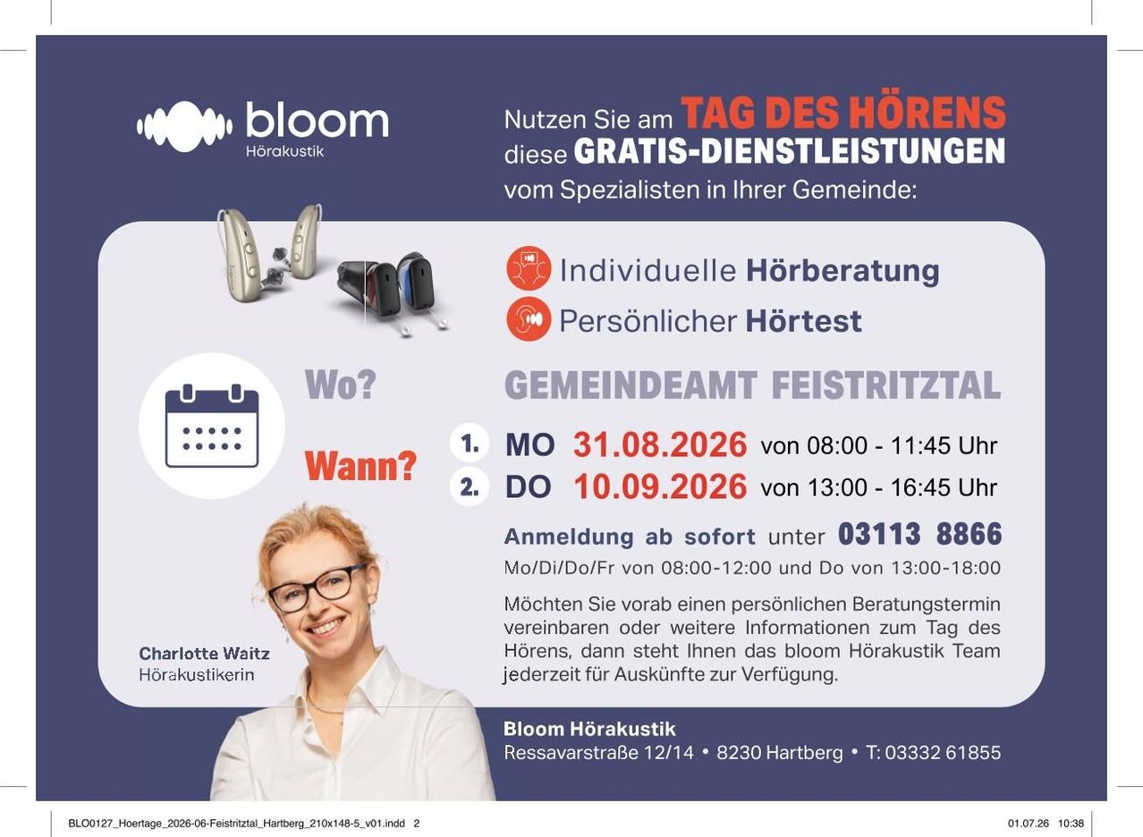 Eine Werbung für Bloom Hörakustik mit einer lächelnden Frau, Hörgeräten und Details zu kostenlosen Hördiensten und Beratungsterminen.