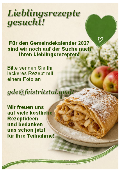 Poster with a heart symbol and a call for favorite recipes for a community calendar. A plate with an apple strudel and apples in the background. Email address for recipe submissions is provided.