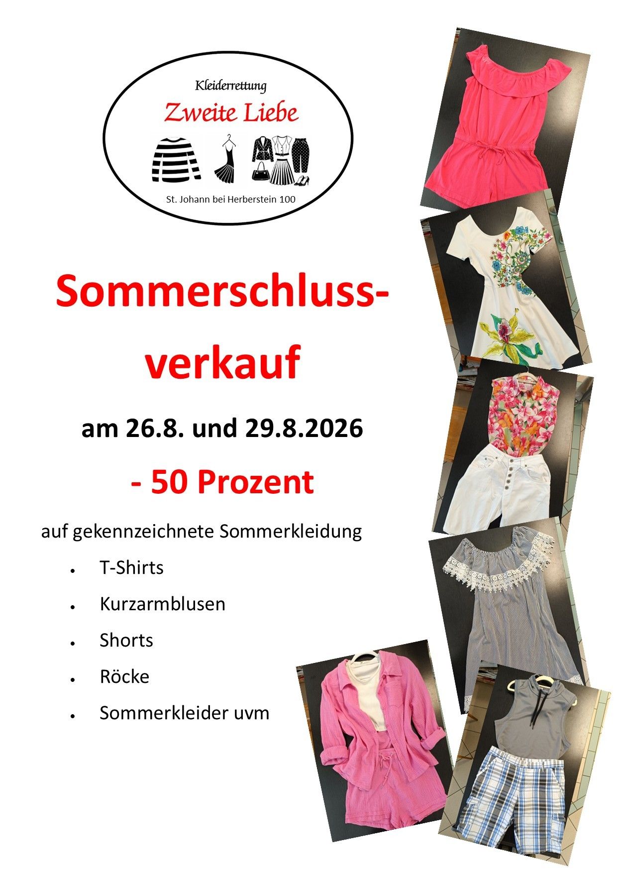 Plakat für einen Sommerschlussverkauf mit 50% Rabatt auf verschiedene Artikel wie T-Shirts, Kurzarmblusen, Shorts, Röcke und Sommerkleider. Der Verkauf ist für den 26. und 29. August 2026 geplant.