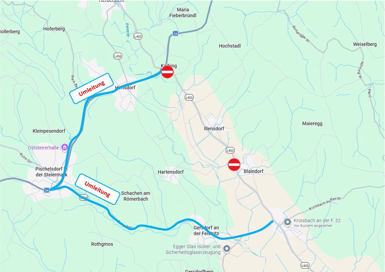 Eine Karte, die eine Route mit zwei markierten Umleitungen, beschriftet mit 'Umleitung', zeigt, die durch verschiedene Städte und Dörfer führt. Die Route beginnt in Rothgmos und endet in Gersdorf an der Feiritz.