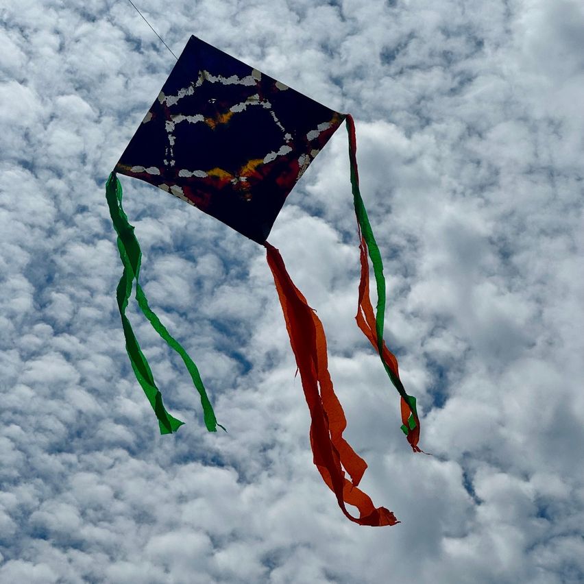 A colorful kite with a blue diamond shape flies in a cloudy sky. It has green and orange tails.