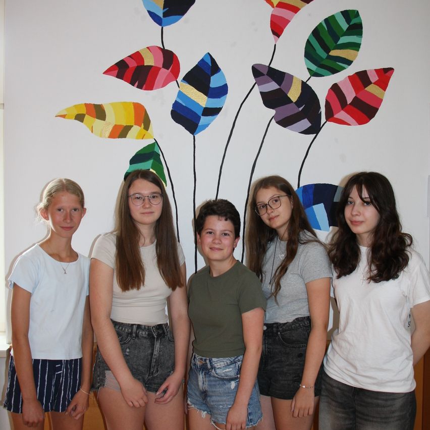 Fünf junge Mädchen stehen vor einer bunten Blattwand, jede mit einem anderen farbigen Shirt bekleidet und lächelnd für ein Foto.