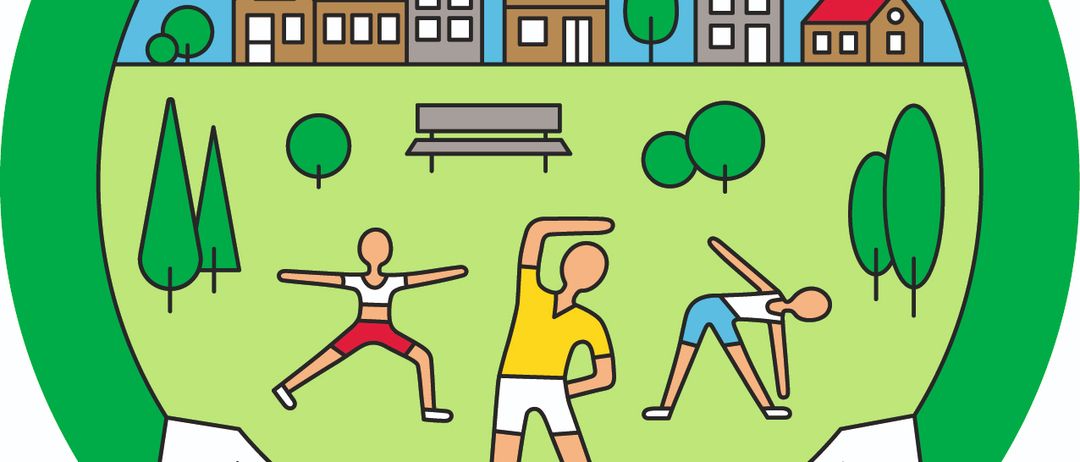 Rundes Logo für 'Bewegt im Park'. Es zeigt einen grünen Park mit Menschen, die Yoga machen, eine Bank, Bäume und Häuser. Die Sonne scheint am Himmel, und oben ist ein Website-Link.