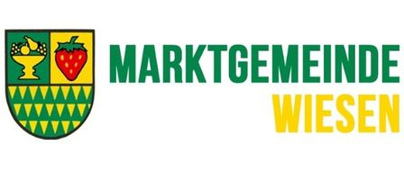 Das Logo von Marktgemeinde Wiesen zeigt einen Schild mit einer Erdbeere und einem Obstkorb, mit grünem Text 'MARKTGEMEINDE' und gelbem Text 'WIESEN'.