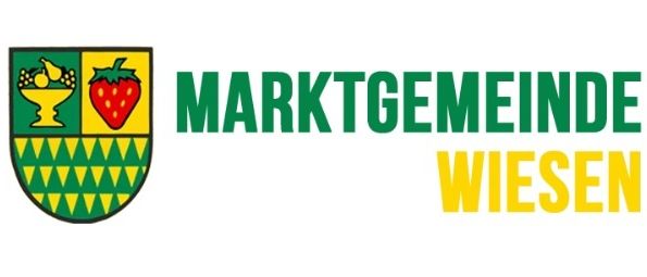Der weiße Hintergrund zeigt das Logo der Marktgemeinde Wiesen, mit einem Schild und einem Erdbeersymbol. Der Text 'MARKTGEMEINDE' ist grün und 'WIESEN' ist gelb.