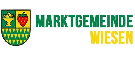 The logo for Marktgemeinde Wiesen, featuring a shield with a strawberry, a bowl of fruit, and geometric patterns. The text is in green and yellow.