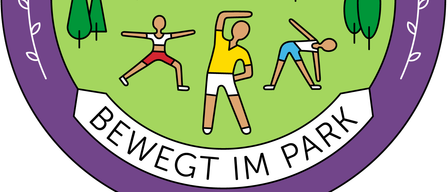 Rundes Logo zum 10-jährigen Jubiläum einer Parkinitiative. Es zeigt Menschen beim Sport, Gebäude, Bäume und einen sonnigen Himmel.