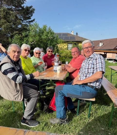 Sechs ältere Erwachsene sitzen an einem Picknicktisch an einem sonnigen Tag und blicken lächelnd nach vorne.