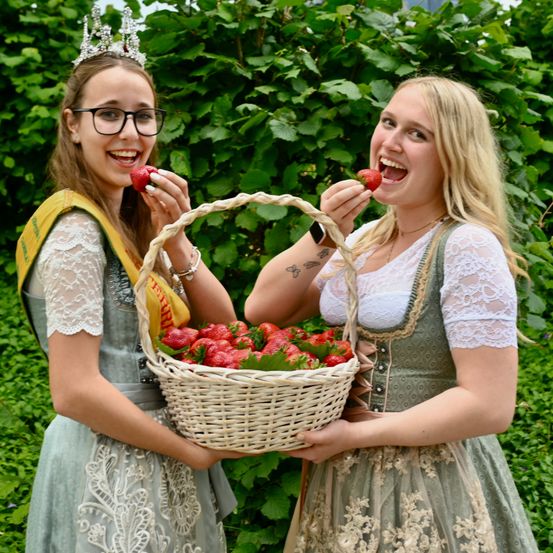 Zwei Frauen halten einen Korb mit Erdbeeren und essen sie, während sie traditionelle Kleidung tragen. Die Frau auf der linken Seite trägt eine Brille und eine Krone. Sie stehen vor einem Busch mit grünen Blättern.