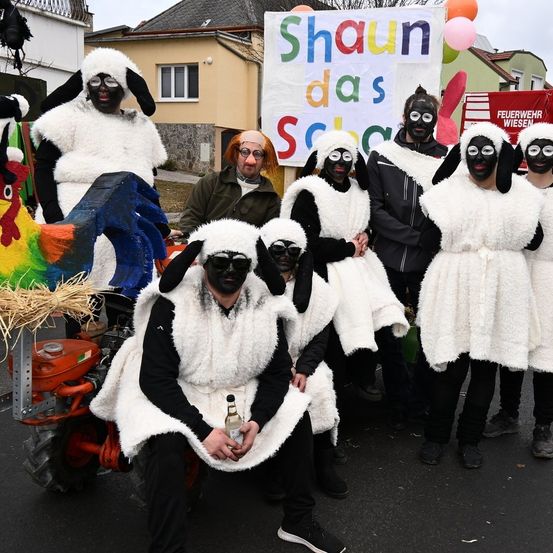 Eine Gruppe von Menschen in Schafskostümen posiert für ein Foto auf der Straße. Hinter ihnen befindet sich ein farbenfroher Hahn und ein Banner.