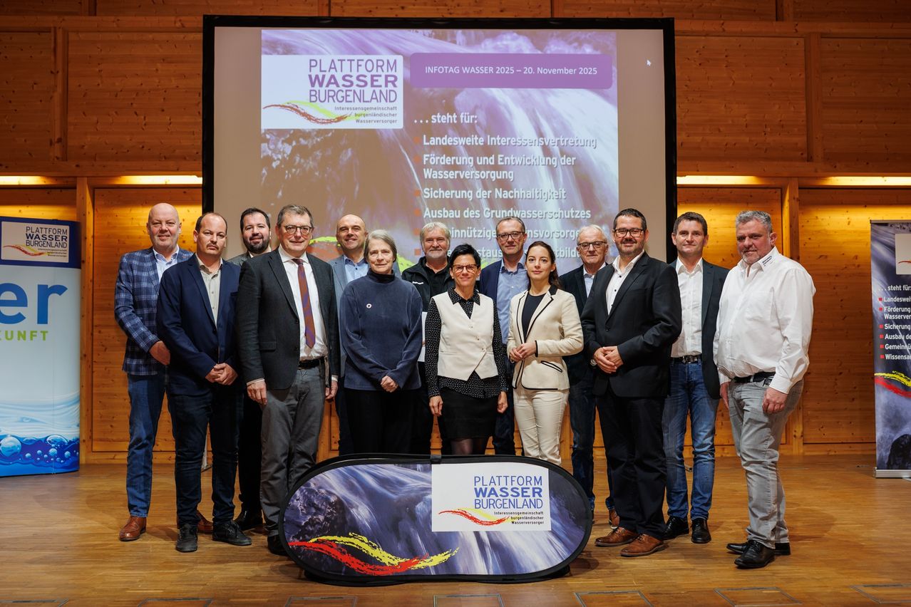 Eine Gruppe von Menschen posiert für ein Foto in einem Konferenzraum. Eine Leinwand zeigt 'Plattform Wasser Burgenland'. Sie tragen formelle Kleidung, und die Umgebung wirkt professionell.