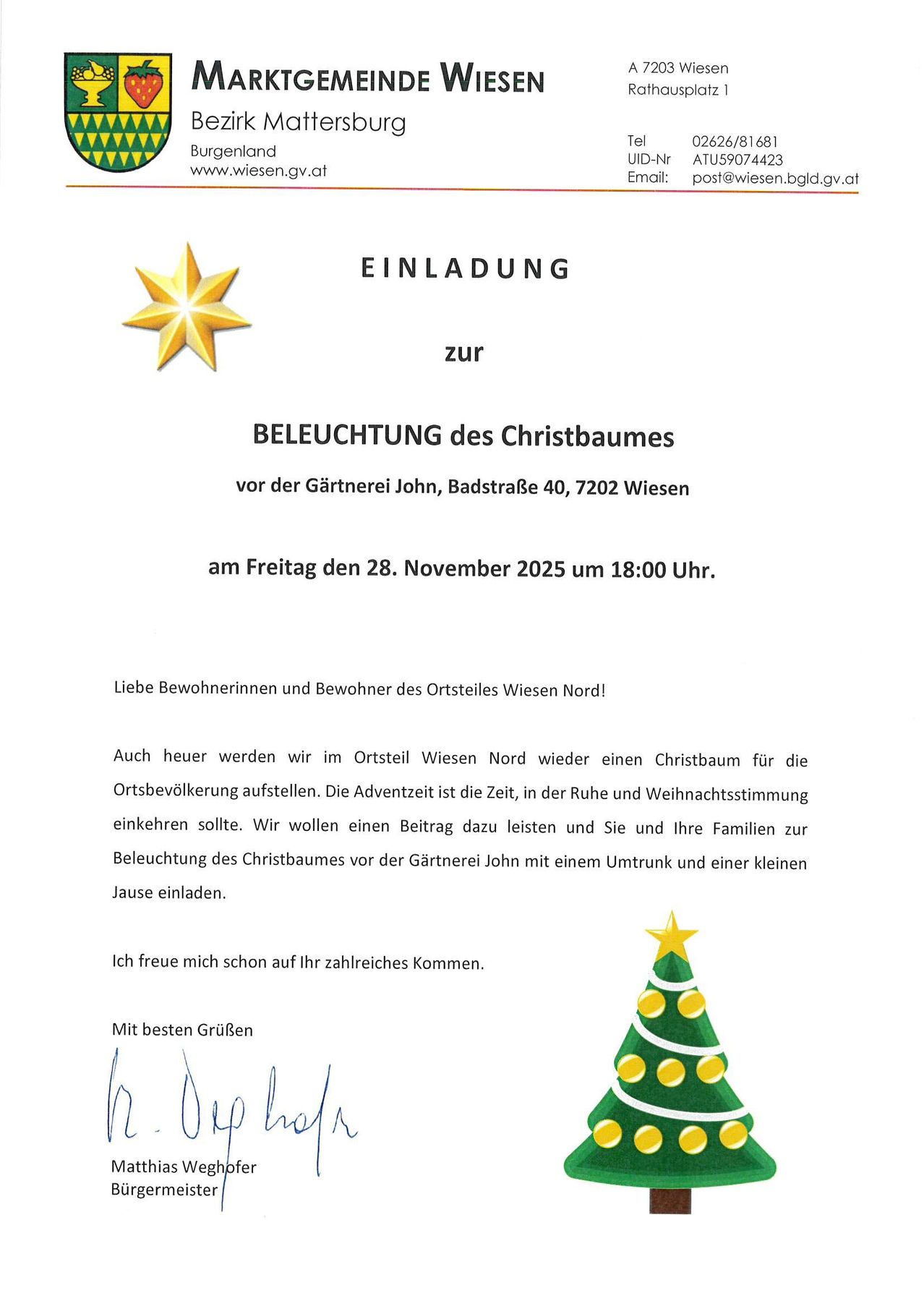 Eine Einladung zur Beleuchtung des Weihnachtsbaums in Wiesen Nord. Das Ereignis findet am Freitag, den 28. November 2025 um 18:00 Uhr statt. Einwohner und Besucher sind eingeladen, an der festlichen Veranstaltung teilzunehmen.