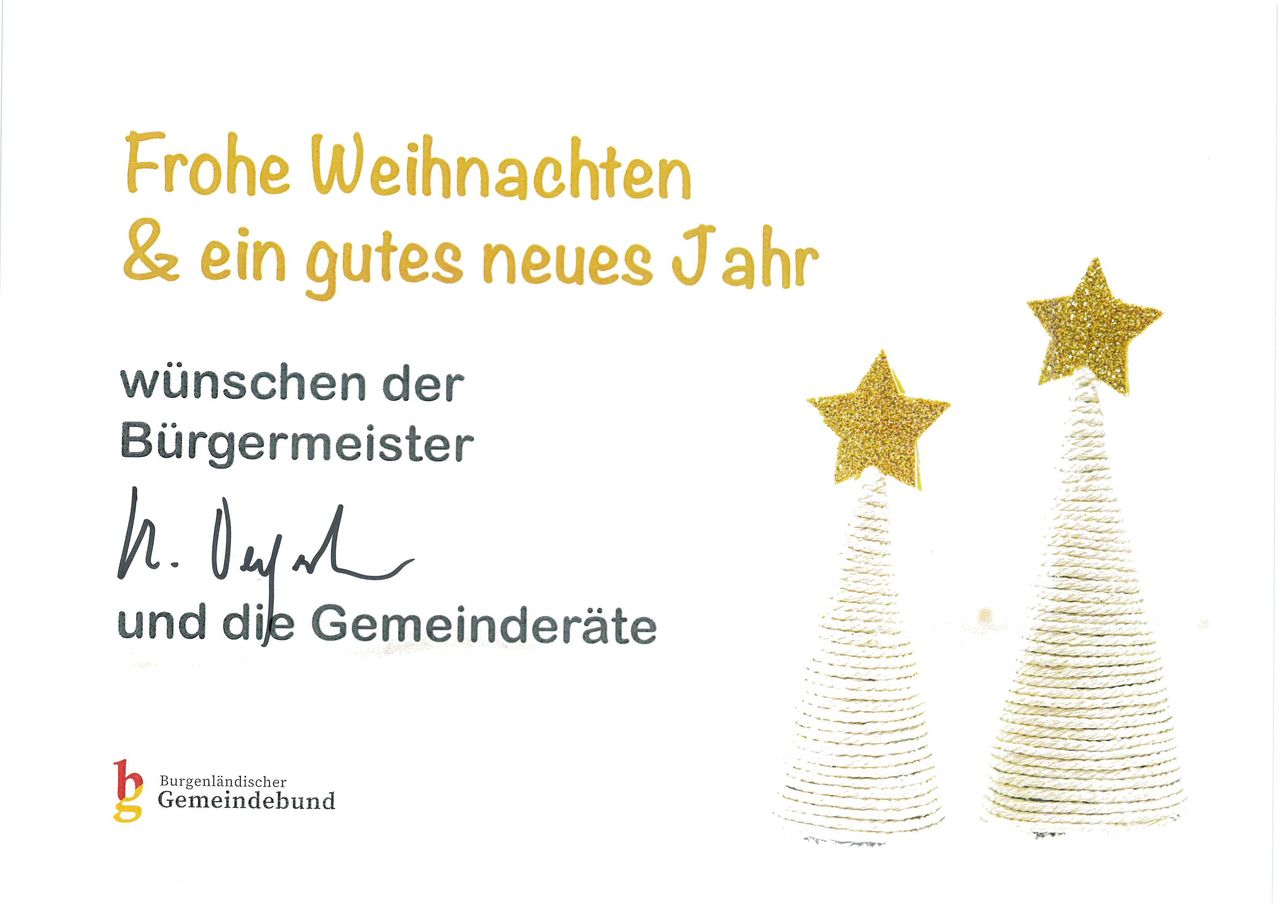 Weiße Karte mit goldenem Text 'Frohes Weihnachtsfest und ein gutes neues Jahr' vom Bürgermeister und Gemeinderat. Zwei kleine Bäume mit goldenen Sternen auf weißem Hintergrund.
