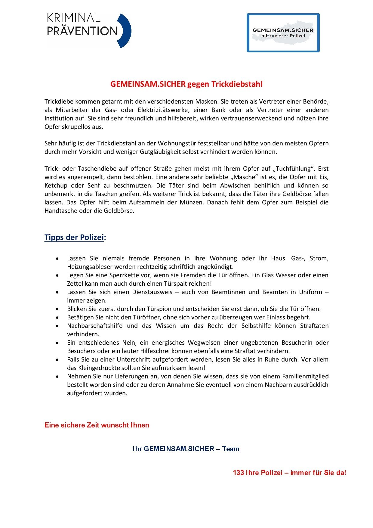 Ein Poster mit Tipps gegen Diebstahl, das verschiedene Betrügereien mit täuschenden Personen beschreibt, einschließlich Tipps für die Sicherheit zu Hause und das Erkennen verdächtiger Verhaltensweisen.