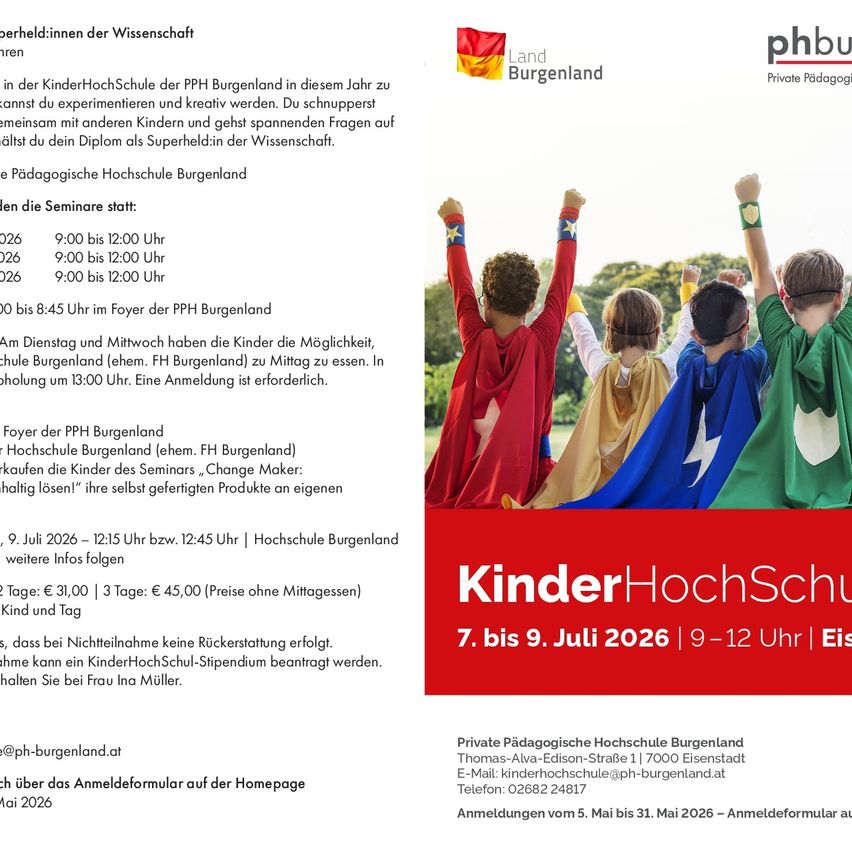 Kinder werden im Kindergarten der PPN Burgenland an Experimenten und kreativen Aktivitäten teilnehmen. Vom 7. bis 9. Juli 2026 findet ein wissenschaftliches Seminar statt. Weitere Informationen folgen.