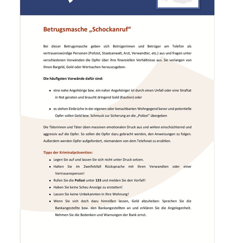 Das Bild zeigt Informationen über Vertrauensbetrug und Schockanrufe, einschließlich der Funktionsweise des Betrugs, häufiger Gründe und Ratschläge für den Umgang mit solchen Situationen. Es beschreibt Schritte, die Opfer befolgen sollten, einschließlich der Kontaktaufnahme mit der Polizei und der Vermeidung finanzieller Transaktionen.
