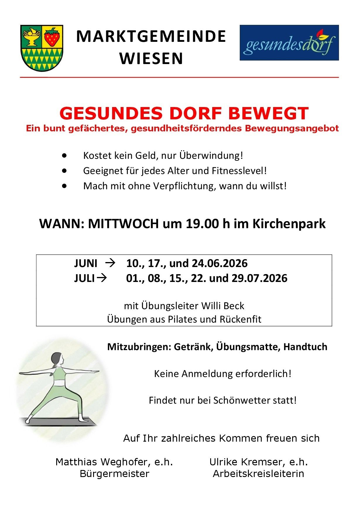 Plakat für ein kostenloses Gesundheitsbewegungsprogramm. Kostenlos, für alle Altersgruppen und Fitnessniveaus geeignet. Keine Verpflichtung erforderlich. Juni- und Juli-Termine angegeben. Bringen Sie Getränke, Matten und Handtücher mit. Nur bei schönem Wetter.