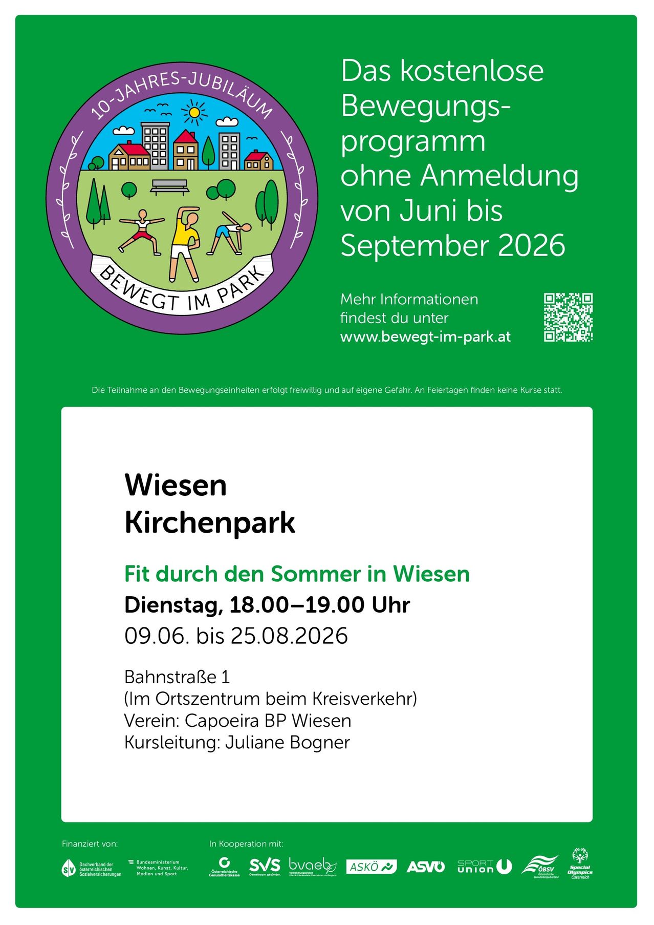 Flugblatt für Sommer-Fitnessaktivitäten in Wiesen, Österreich. Ohne Anmeldung von Juni bis September 2026. Mehr Informationen unter www.bewegt-im-park.at.