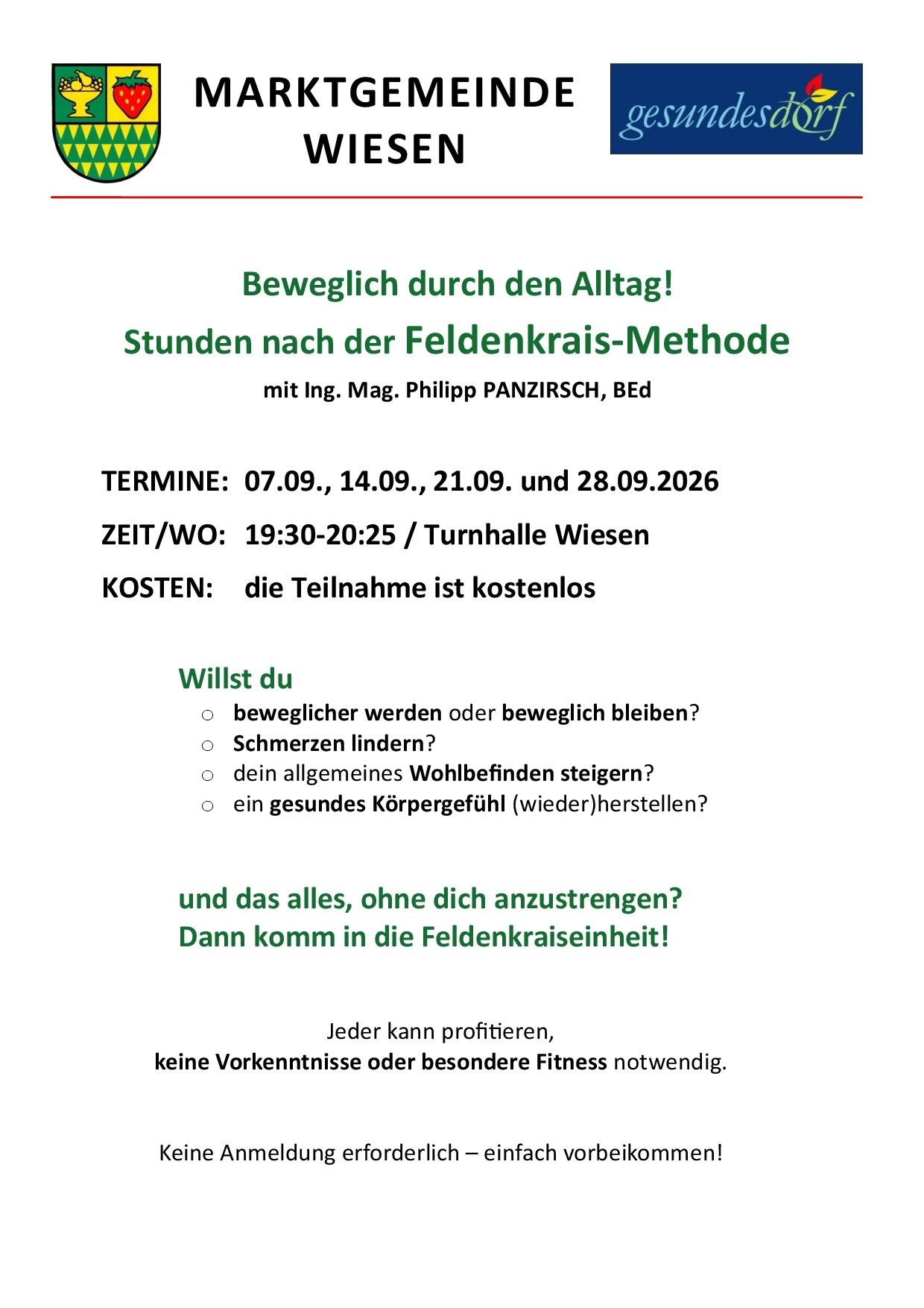 Plakat für Feldenkrais-Methoden-Sitzungen mit Lehrkraft Philipp PANZIRSCH. Termine am 07.09, 14.09, 21.09 und 28.09.2026 von 19:30-20:25 in Turnhalle Wiesen. Teilnahme kostenlos.