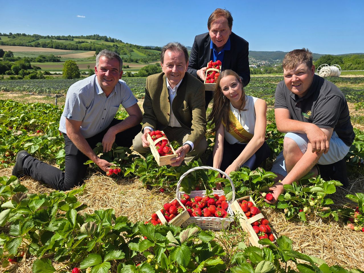 Fünf Personen posieren in einem Erdbeerfeld mit Körben voller Erdbeeren. Sie scheinen zu lächeln und es zu genießen. Das Feld ist von grünen Pflanzen umgeben. In der Ferne gibt es Bäume und Hügel.