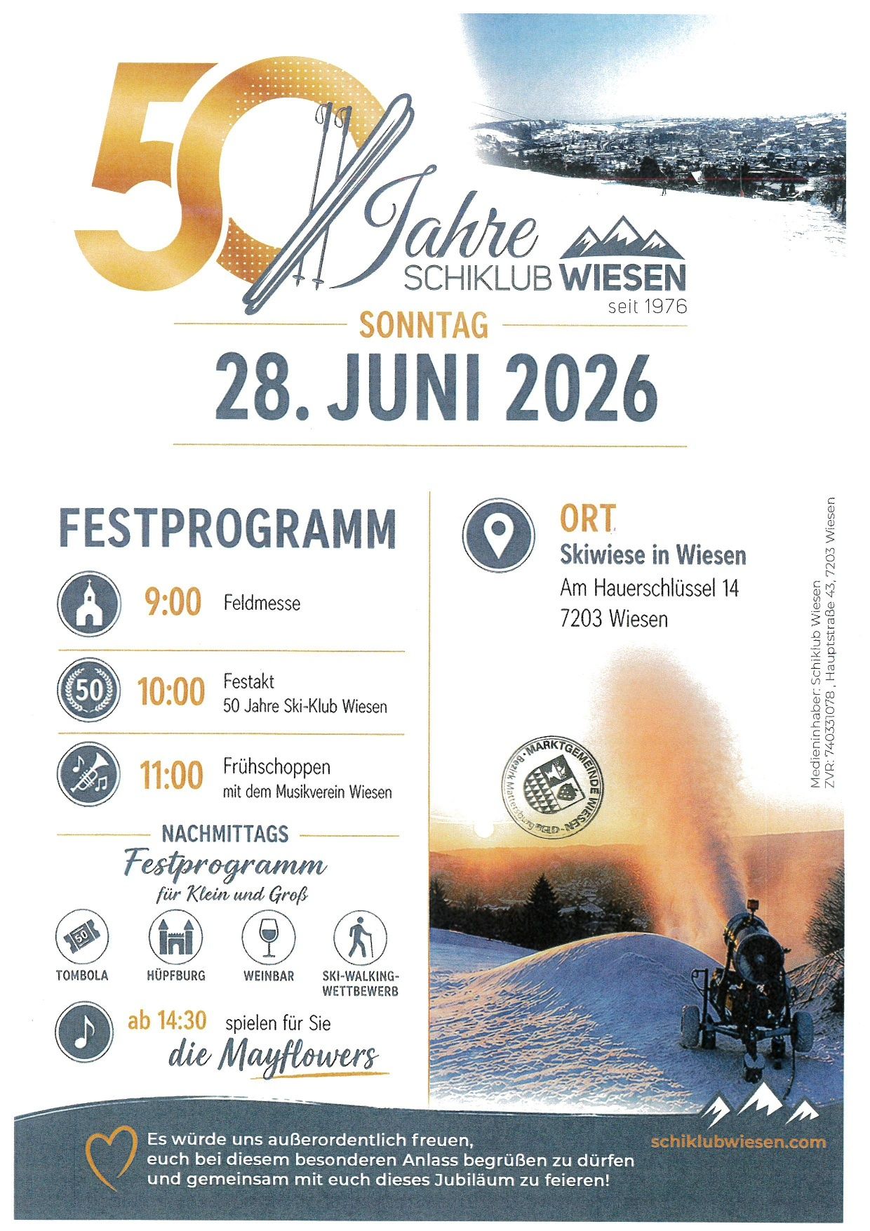 Jubiläumsposter für 50 Jahre Ski-Klub Wiesen. Veranstaltung am 28. Juni 2026, Beginn um 9:00 Uhr. Aktivitäten umfassen Feldmesse, Kuchen und Musik vom Musikverein Wiesen. Veranstaltungsort an der Skiwiese in Wiesen.