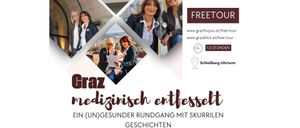 Ein Flyer für eine kostenlose medizinische Tour in Graz, Österreich. Es zeigt Bilder von lächelnden Frauen, einer Uhr und einer Panoramaansicht der Stadt. Der Flyer wird von Bianca und Camelia gesponsert.
