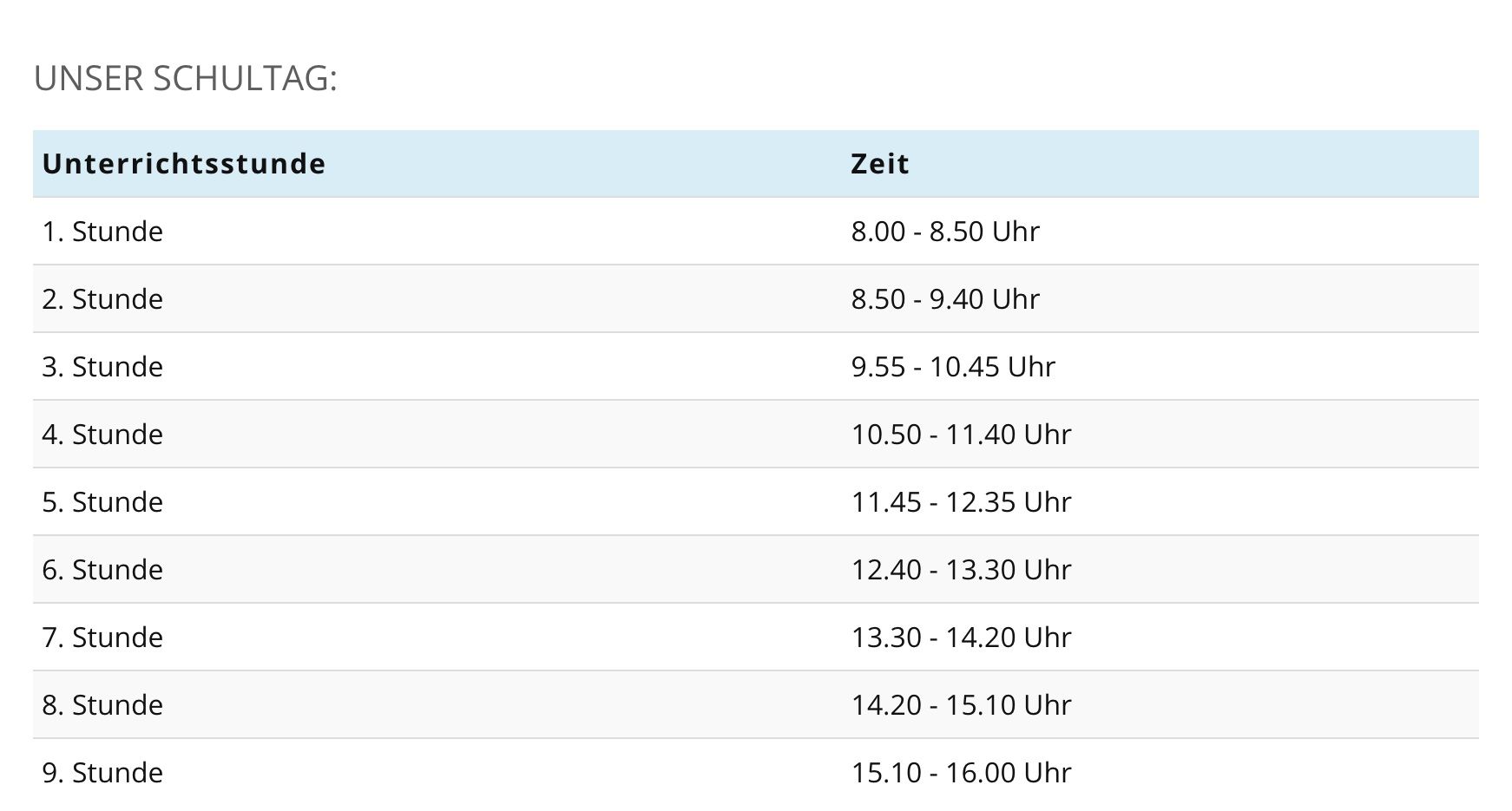 Die Tabelle zeigt Zeitintervalle von 8:00 bis 16:00. Jedes Intervall ist mit einer Start- und Endzeit in Stunden beschriftet.