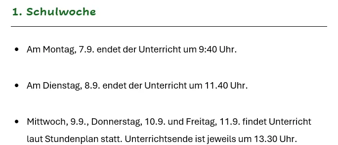 Ein Dokument listet Schulwochen mit spezifischen Daten und Zeiten für Unterrichtsende, Schulfototage und Wanderungen auf. Die erste Woche endet am Montag, Dienstag, Mittwoch, Donnerstag und Freitag um 9:40 Uhr, 11:40 Uhr, 13:30 Uhr, 13:30 Uhr und 13:30 Uhr. Die zweite Woche beinhaltet Schulfototage am Donnerstag und Wanderungen am Dienstag und Donnerstag.
