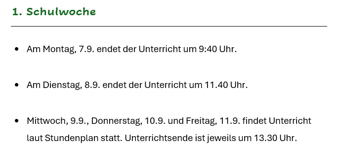 Ein Dokument listet Schulwochen mit spezifischen Daten und Zeiten für Unterrichtsende, Schulfototage und Wanderungen auf. Die erste Woche endet am Montag, Dienstag, Mittwoch, Donnerstag und Freitag um 9:40 Uhr, 11:40 Uhr, 13:30 Uhr, 13:30 Uhr und 13:30 Uhr. Die zweite Woche beinhaltet Schulfototage am Donnerstag und Wanderungen am Dienstag und Donnerstag.