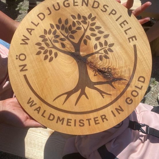 Ein Holzschild mit einem Baumdesign und dem Text 'Waldjugendspiele Waldmeister in Gold' wird von einer Person gehalten.
