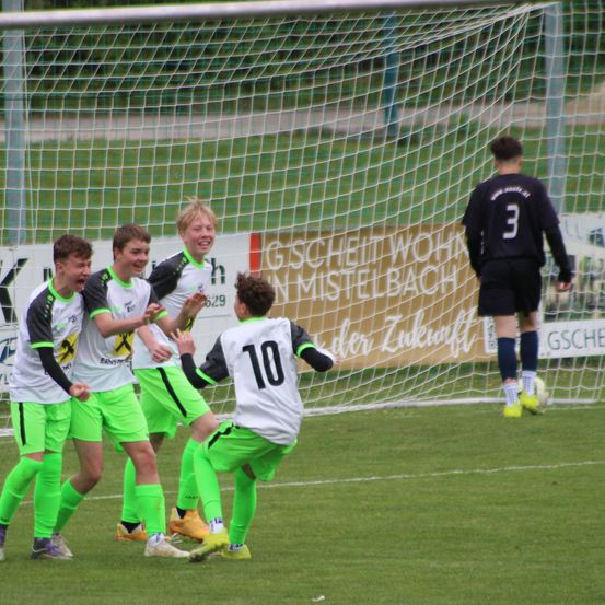 Vier Fußballspieler in grünen Trikots feiern ein Tor vor einem Tornetz. Ein Spieler in einem schwarzen Trikot steht hinter dem Netz.