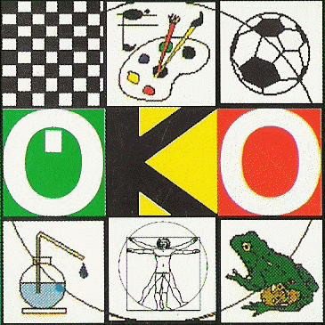 Eine Collage zeigt verschiedene Symbole: einen Fußball, eine Farbpalette, ein Schachbrett, einen Frosch, ein wissenschaftliches Experiment, eine menschliche Figur und drei große Buchstaben KO in verschiedenen Farben.