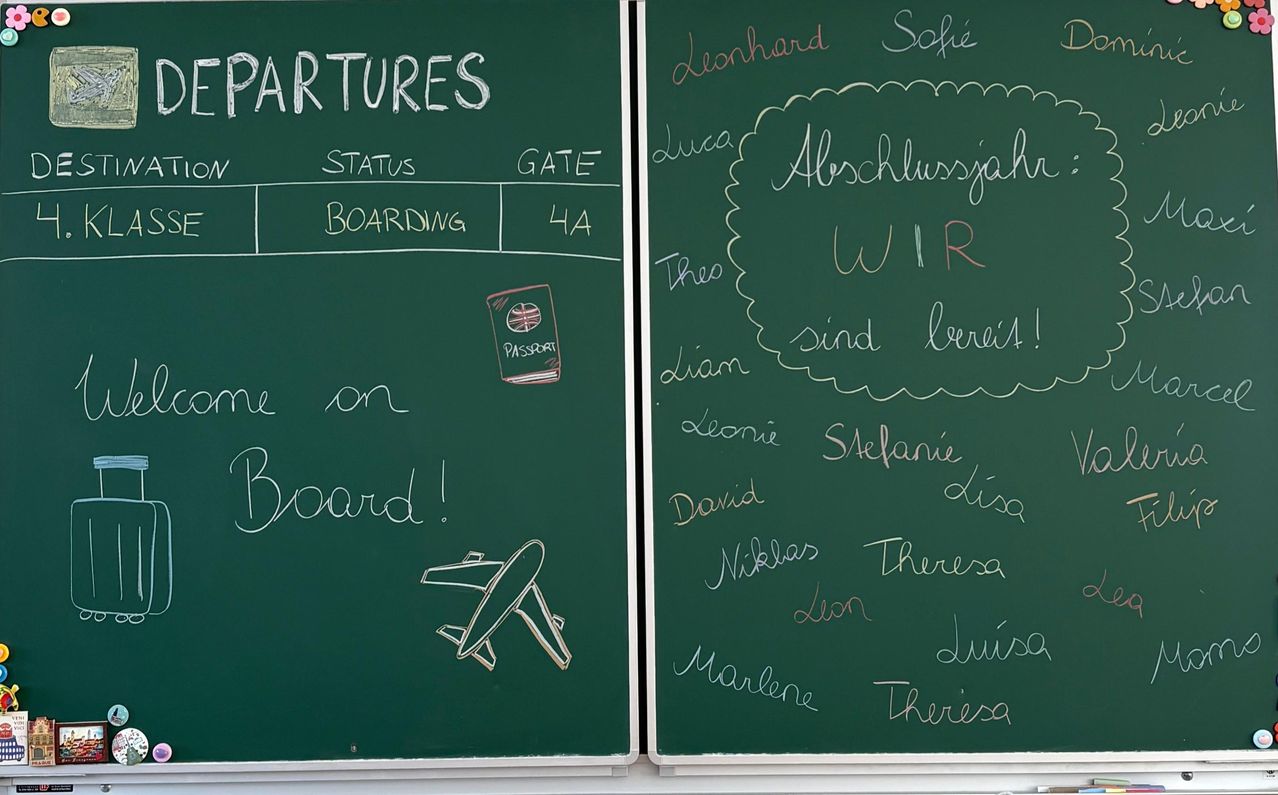 Ein grünes Schultafel mit 'Abflüge' oben geschrieben. Darunter befinden sich zwei Spalten mit den Bezeichnungen 'Status' und 'Gate'. Der Status ist 'Boarding' und das Gate ist '4A'. Ein Pass-Symbol befindet sich auf der linken Seite. Unter dem Pass-Symbol stehen die Worte 'Wir sind an Bord!'. Auf der rechten Seite sind Namen in verschiedenen Farben geschrieben.