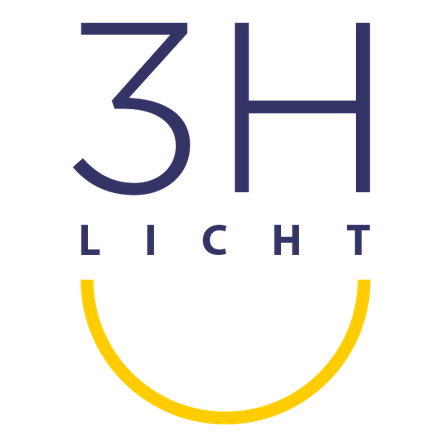 Das Bild zeigt ein Logo mit dem Text '3H LIGHT' in Blau auf schwarzem Hintergrund. Darunter befindet sich ein gelbes Smiley-Gesicht.