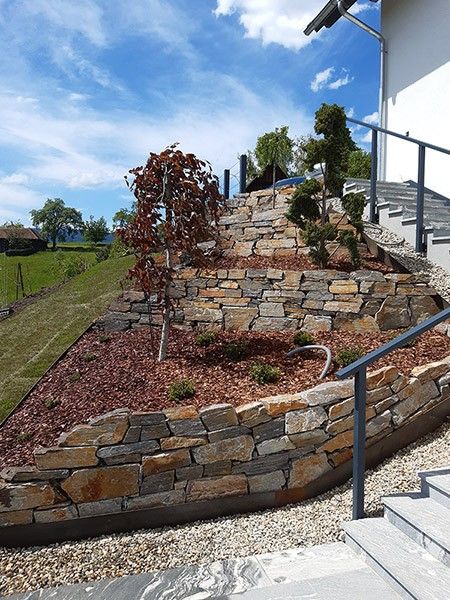 Eine Steinmauer mit Stufen, umgeben von Kies und einem kleinen Baum, führt zu einem Haus unter einem blauen Himmel mit Wolken.