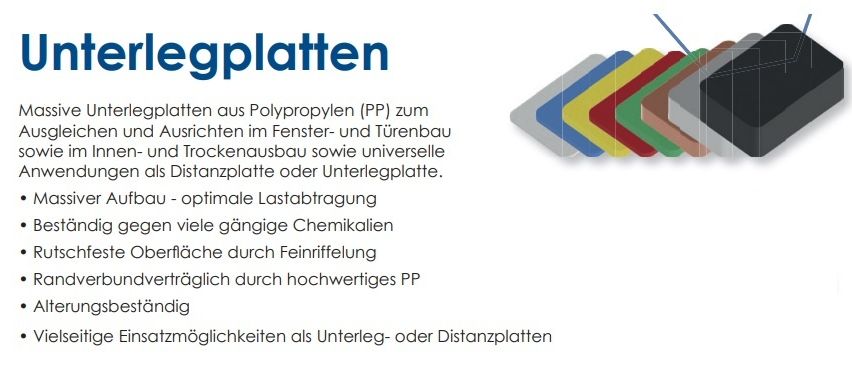 Das Bild zeigt verschiedene farbige Zwischenlagen aus Polypropylen (PP), die für den Innen- und Außeneinsatz im Fenster- und Türbau geeignet sind. Sie sind beständig gegen viele Chemikalien, haben eine glatte Oberfläche und sind vielseitig als Abstandshalter oder Zwischenlagen einsetzbar.