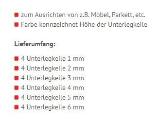 Eine Liste von Zubehör enthält 4 Stück jedes Unterlagendicke von 1 mm bis 6 mm. Die Unterlagen sind mit einer Farbe gekennzeichnet, die ihre Dicke anzeigt.