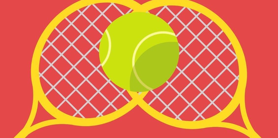 Plakat für kostenloses Tennistraining vom Tennisclub Lockenhaus. Zwei Tennisschläger mit einem Ball. Termine vom 22. Mai bis 3. Juli. Gruppe 1 um 16 Uhr, Gruppe 2 um 17 Uhr.