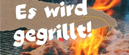 Ein Grill mit Fleisch darauf, die Worte 'Es wird gegrillt' stehen in weißer Schrift darüber.
