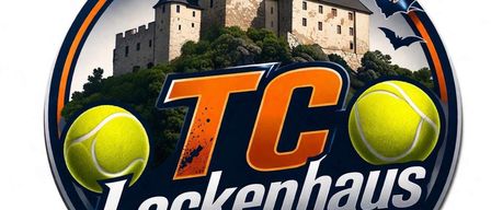 Das Logo von TC Lockenhaus zeigt eine Burg mit einem Turm und zwei Fledermäusen darüber. Es hat zwei Tennisbälle an den Seiten und einen orangefarbenen Streifen darunter.