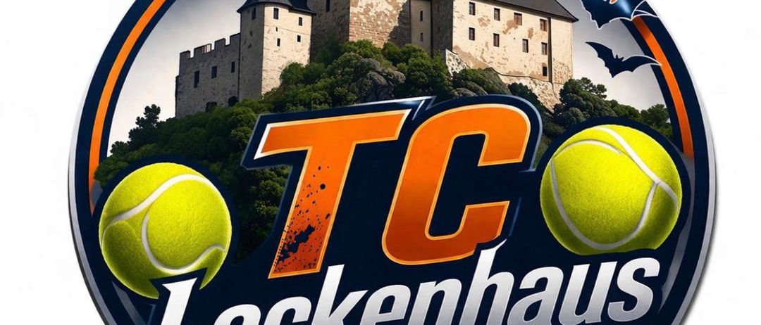 Das Logo von TC Lockenhaus zeigt eine Burg mit einem Turm und zwei Fledermäusen darüber. Es hat zwei Tennisbälle an den Seiten und einen orangefarbenen Streifen darunter.