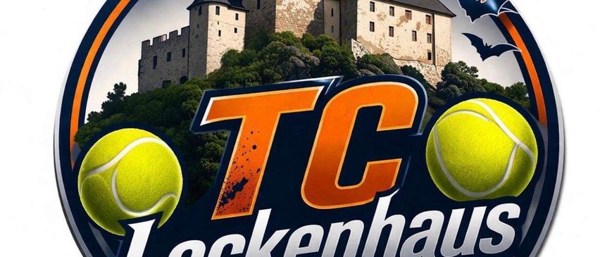 Das Logo von TC Lockenhaus zeigt eine Burg mit Fledermäusen darüber, vor dem Hintergrund von Hügeln und Tennisbällen.